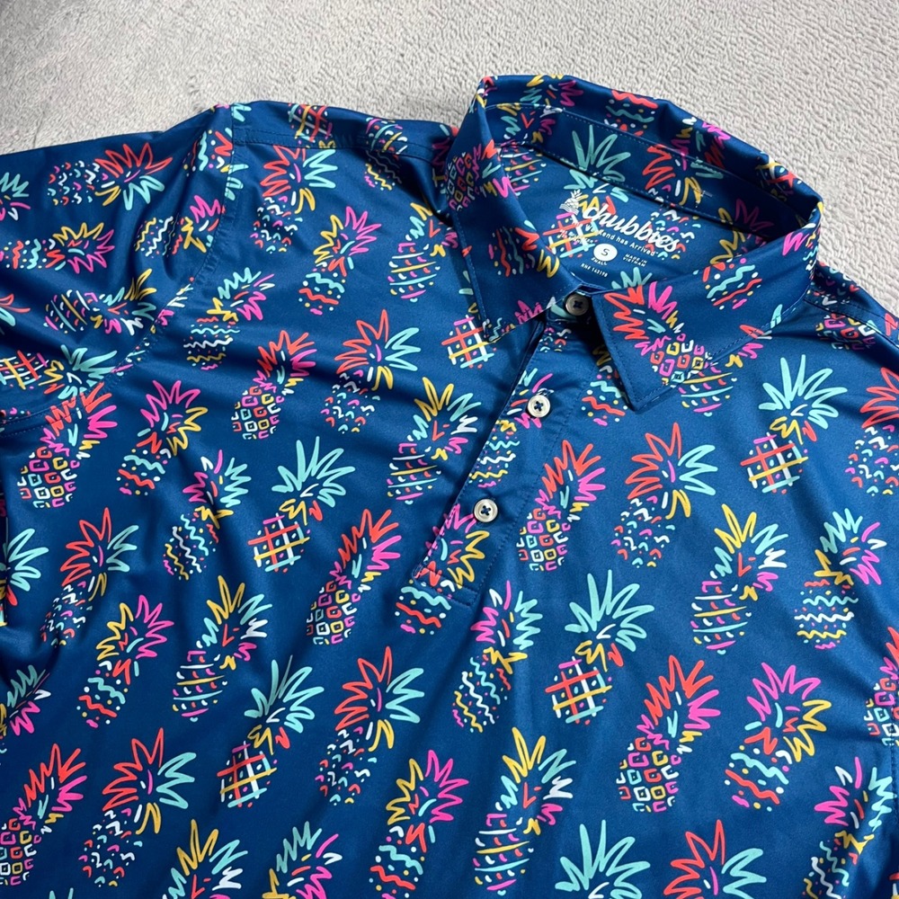 Chubbies Mens Small Navy Blue Neon Pineapple Print Short Sleeve Polo Shirt